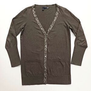 Eileen Fisher Cardigan Brown Lightweight Cashmere Cotton Blend Sequin Trim Sz S